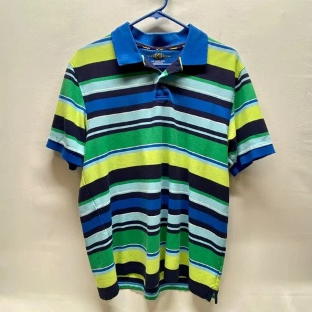 Club Room Estate Polo Shirt Men's Large Blue Green‎ Multicolor Stripe Pique Knit